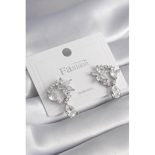 Pirin� G�m�� Renk Zirkon Ta�l� �i�ek Model Sallant� Detay Kad�n K�pe