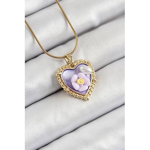 316L �elik Zincir Mor Sanatsal Portre �nci Detayl� Papatya Fig�rl� Kalp Model Gold Renk Kad�n Kolye