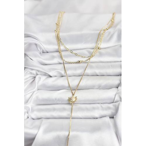 Pirin� Gold Renk Zirkon Ta�l� G�ne� Model Detayl� 3'l� Kombin Y Kad�n Kolye