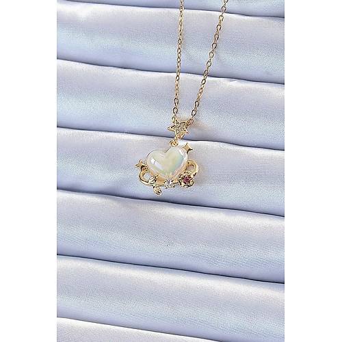 316L �elik Zincir Alt�n Renk Zirkon Ta�l� Gezegen G�r�n�ml� Kalp Kolye