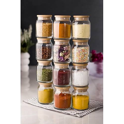 12'li Bambu Kapakl� Cam Kavanoz & Baharat Tak�m� & Baharatl�k Seti 250 ML (Vakum Kapak)