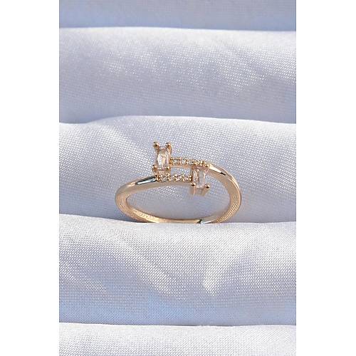 Pirin� Gold Renk Zirkon Ta�l� Geometrik Ayarlanabilir Y�z�k