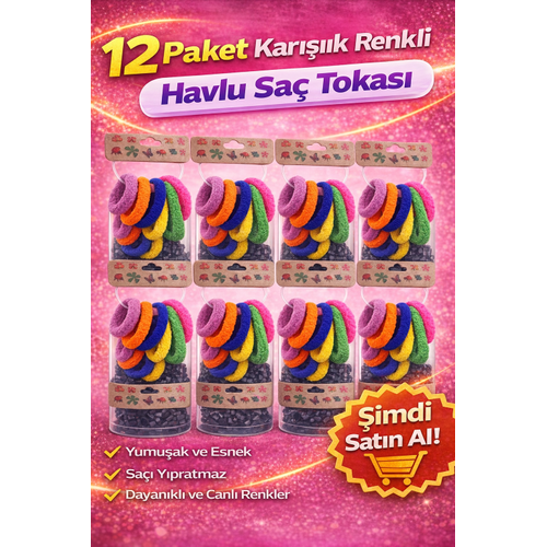 6�l� 12 Paket Kar���k Renkli Havlu Sa� Tokas� Yumu�ak Elastik Dayan�kl� Lastik Toka Seti