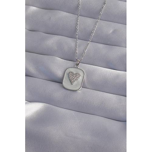 316L �elik Zincir Mermer Desenli G�m�� Renk Zirkon Ta�l� Kalp Model Kolye