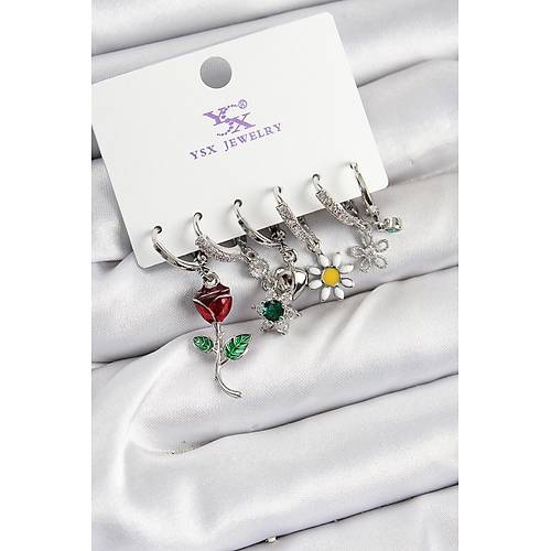 Pirin� Z�rkon Ta�l� G�l Ve Papatya Model G�m�� Renk 3'l� �ift Kad�n K�pe