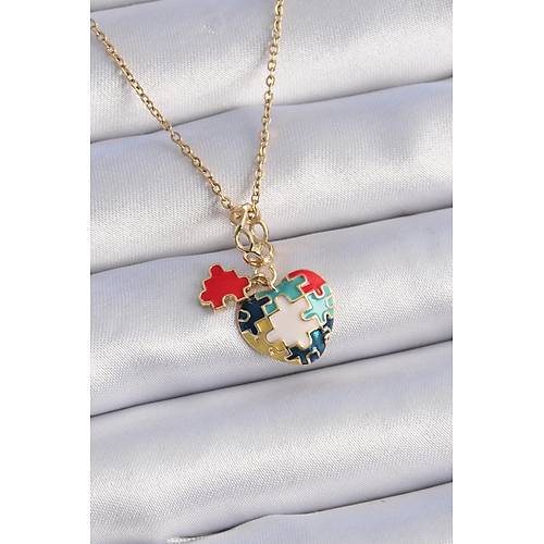 316L �elik Gold Renk Yapboz Motif Kalp Fig�r Charm Model Kad�n Kolye