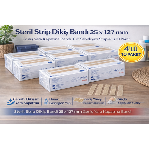 Steril Strip Diki� Band� 25 x 127 mm Geni� Yara Kapatma Band� Cilt Sabitleyici Strip 4�l� 10 Paket