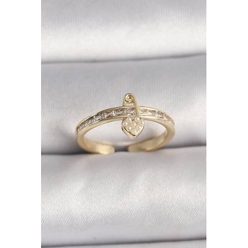 Pirin� Gold Renk Zirkon Ta�l� �nci Detay Kilit Kalp Fig�r Ayarlanabilir Y�z�k