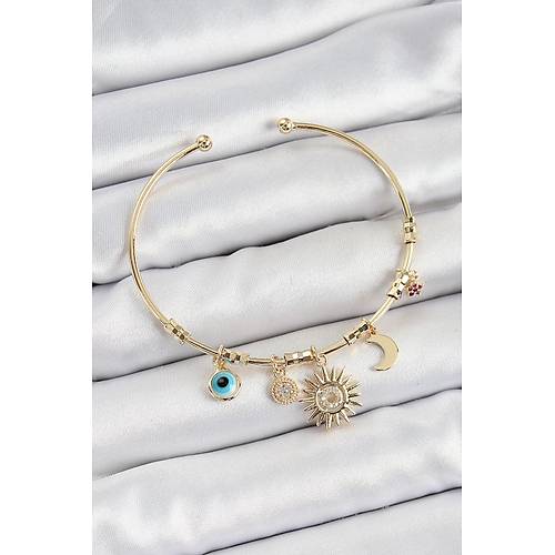 Pirin� Zirkon Ta�l� G�ne� Ay Nazar Model Gold Renk Charm Bileklik