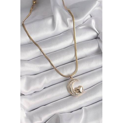 316L �elik Gold Renk �elik �talyan Zincir Zirkon Ta�l� Halil Fig�r Kalp Detay Kad�n Kolye