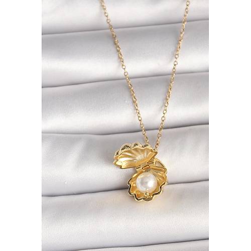 316L �elik Gold Renk Zincir A��l�r �ncili Midye Model Kad�n Kolye