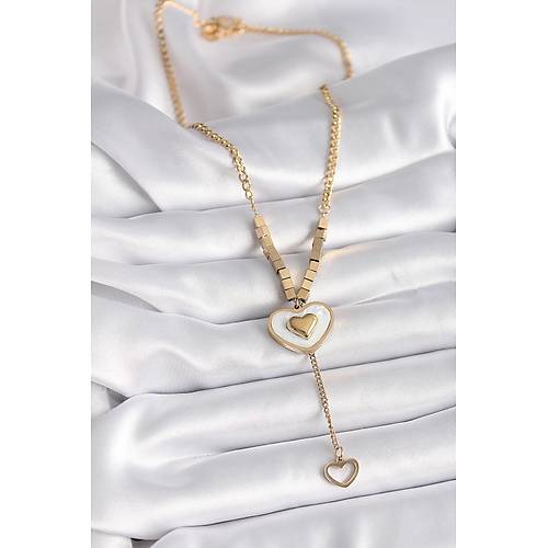 316L �elik Gold Renk Beyaz Sedefli Kalp Model Sallant� Detay Kad�n Kolye