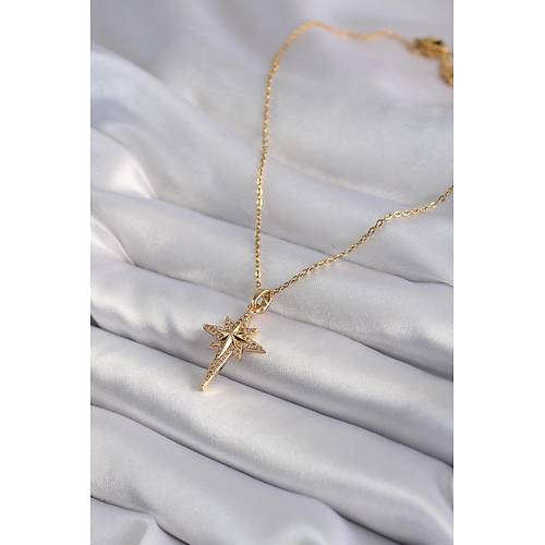 316L �elik Gold Renk Zirkon Ta�l� Kutup Y�ld�z� Model Kad�n Kolye