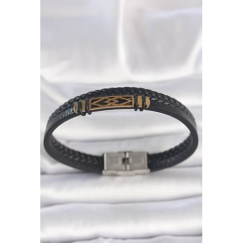 316L �elik Gold Renk Aksesuarl� �ift S�ra Siyah Burgu Desenli Deri Kordon Erkek Bileklik