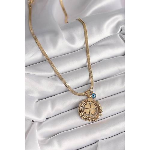 316L �elik Gold Renk �talyan Zincir Dorika Yonca Model Nazar Boncuk Detay Kad�n Kolye