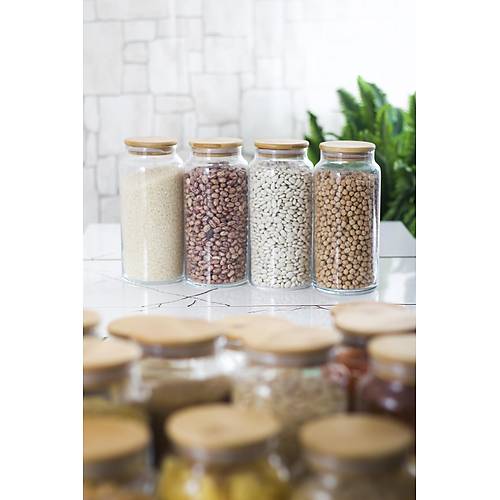 12'li Bambu Kapakl� Cam Kavanoz & Erzak Saklama Kab� Seti 3* 1.3 Lt + 0.80 Lt + 0.50 Lt(Vakum Kapak)