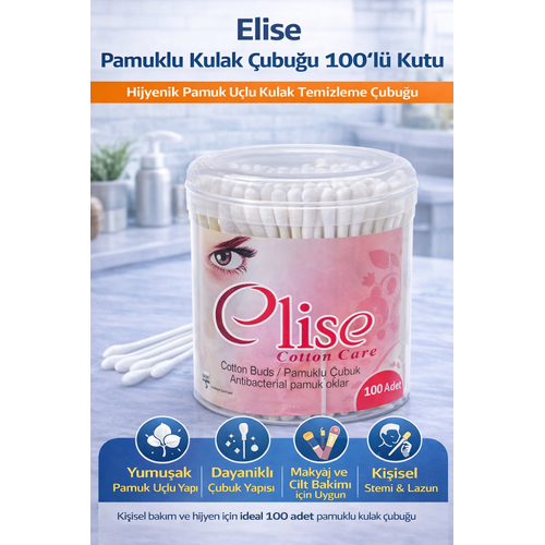 Elise Pamuklu Kulak �ubu�u 100'l� 1 Kutu Hijyenik Pamuk U�lu Kulak Temizleme �ubu�u