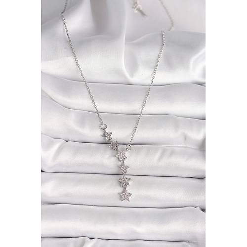 316L �elik G�m�� Renk Zincir Zirkon Ta�l� Y�ld�z Model Kad�n Kolye