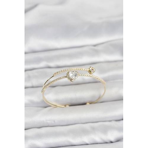 Pirin� Gold Renk Kalp Model Zirkon Ta�l� Kad�n Bileklik