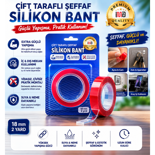 �ift Tarafl� �effaf Silikon Bant 18 mm 2 Yard G��l� Yap��kanl� Nano Bant �z B�rakmaz