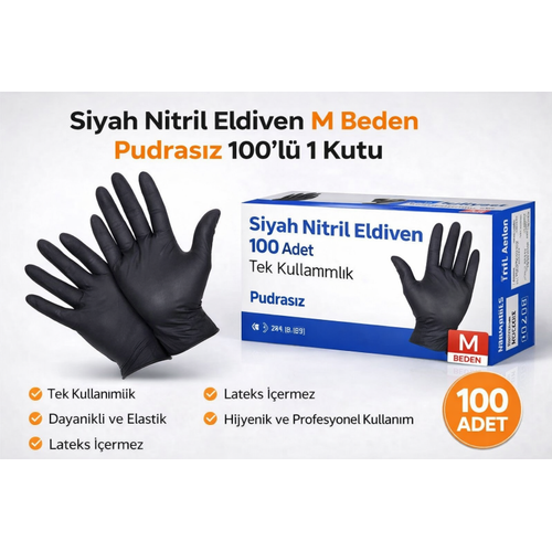 Siyah Nitril Eldiven M Beden Pudras�z 100'l� 1 Kutu Tek Kullan�ml�k Lateks ��ermeyen Dayan�kl� Muayene Eldiveni