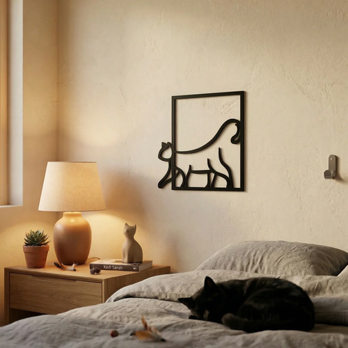 Modern Kedi Duvar Tablosu MDF Lazer Kesim Minimal Kedi Fig�rl� Duvar S�s� ��k Dekor