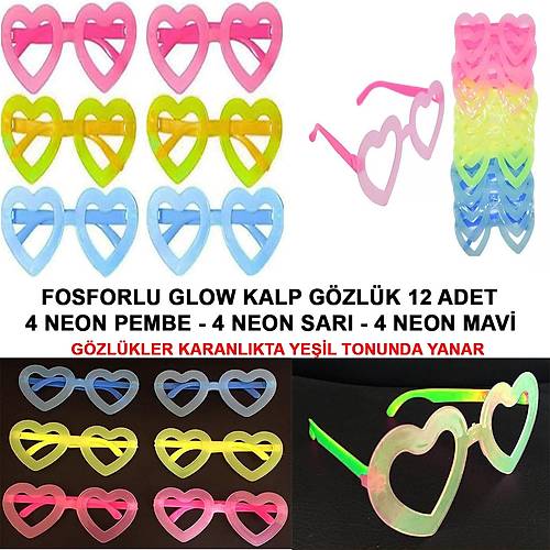 Retro Neon Fosforlu Kalp G�zl�k 12 Adet � 80�ler 90�lar Parti Stili