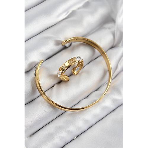 Pirin� Zirkon Ta�l� Ayr�k Model Gold Renk Bileklik Y�z�k Set