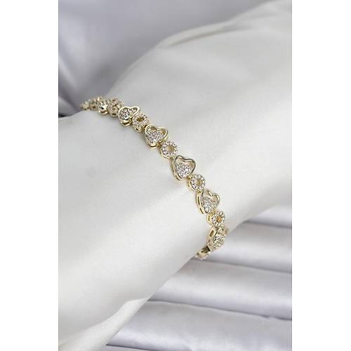 Pirin� Gold Renk Zirkon Ta�l� Kalp Model Kad�n Bileklik