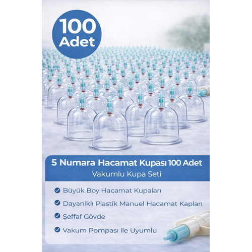 5 Numara Hacamat Kupas� 100 Adet Vakumlu Kupa Seti � Manuel Pompa Uyumlu �effaf Plastik B�y�k Boy Hacamat Kab�