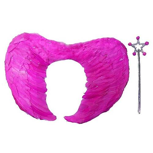 Ger�ek T�yl� Katlanabilir �ocuk Pembe Melek Kanad� ve Asa Seti 40x55 cm