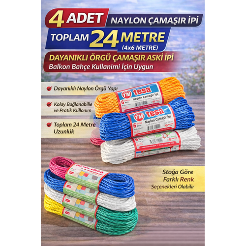 4 Adet Naylon �ama��r �pi 6 Metre Dayan�kl� �rg� �ama��r Ask� �pi Toplam 24 Metre