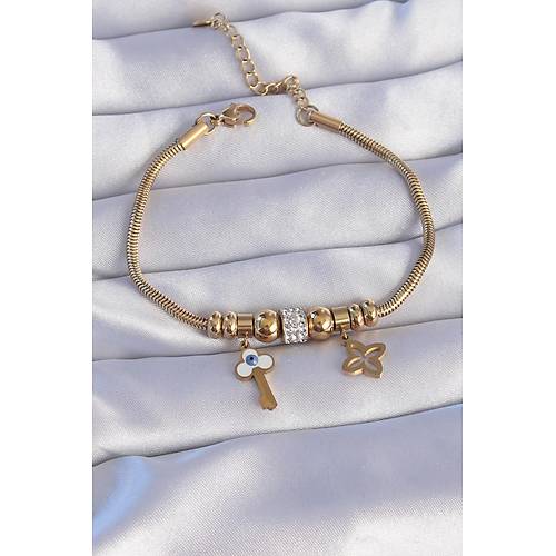 316L �elik Gold Renk Zirkon Ta�l� Yonca Detay Nazarl� Anahtar Tasar�ml� Bileklik