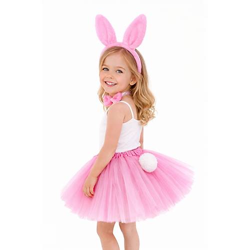 K�z �ocuk Tamamen Pembe Tav�an Kulakl� Kost�m Seti � T�t� Etekli 4 Par�a