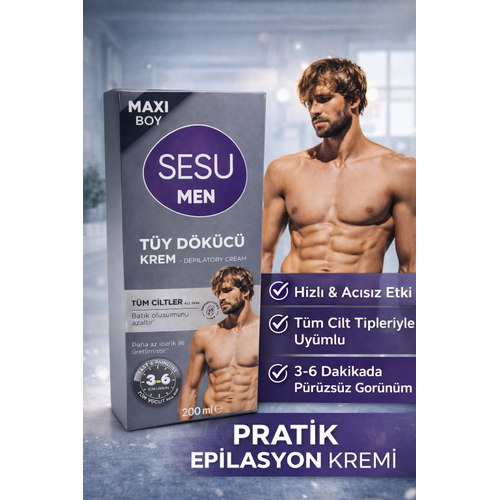 Sesu Men T�y D�k�c� Krem 200 ml Maxi Boy Erkekler ��in H�zl� Etkili Depilasyon Kremi