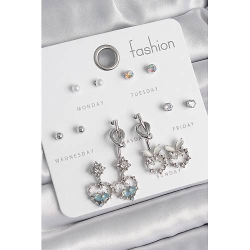 Pirin� G�m�� Renk Sallant� Zirkon Ta�l� Kalp Model D���m Detay 7 �ift Kad�n K�pe Seti