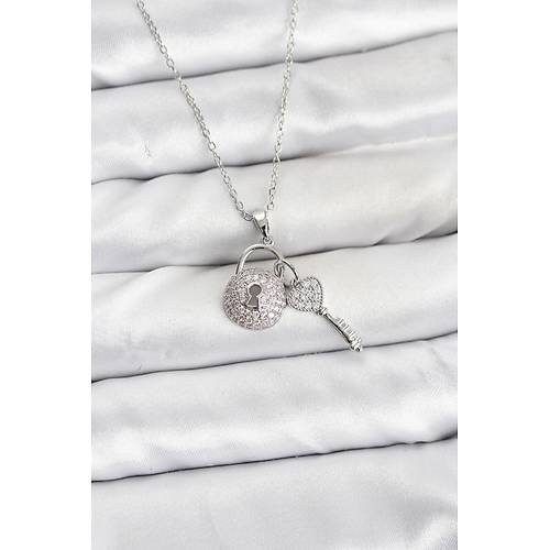 316L �elik Zincir G�m�� Renk Kilit Anahtar Model Zirkon Ta�l� Kad�n Kolye