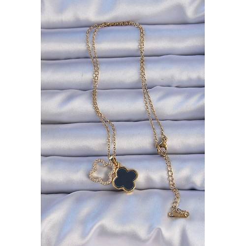 316L �elik Gold Renk Siyah Mineli Zirkon Ta�l� Yonca Fig�rl� Kolye