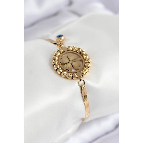 316L �elik Nazar Boncuk Detayl� Yonca Model �talyan Zincir Gold Renk Kad�n Bileklik
