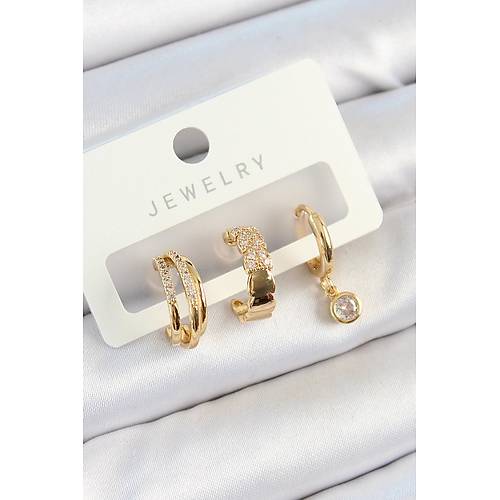 Pirin� Zirkon Ta�l� Halka Model Gold Renk 3'l� �ift Kad�n K�pe Set