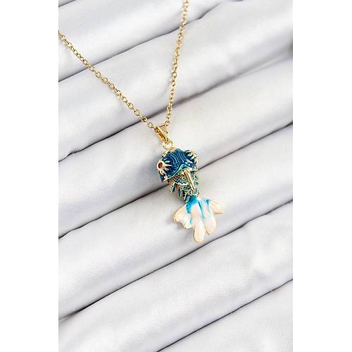 316L �elik Zincir Mavi Bal�k Model Gold Renk Kad�n Kolye