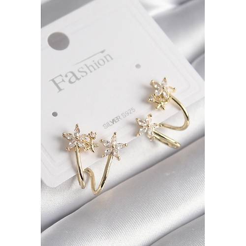 Pirin� Gold Renk Zirkon Ta�l� �i�ek Model Kad�n K�pe