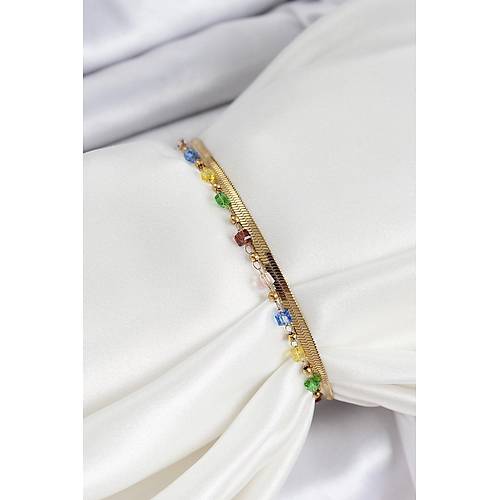 316L �elik Gold Renk Kar���k Renkli Kristal Ta�l� Kad�n Bileklik