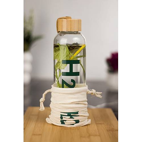 H2o Borosilikat Cam Matara Bambu Vakum Kapakl� Su �i�esi Suluk (Kuma� K�l�f Hediyeli) 600 ML
