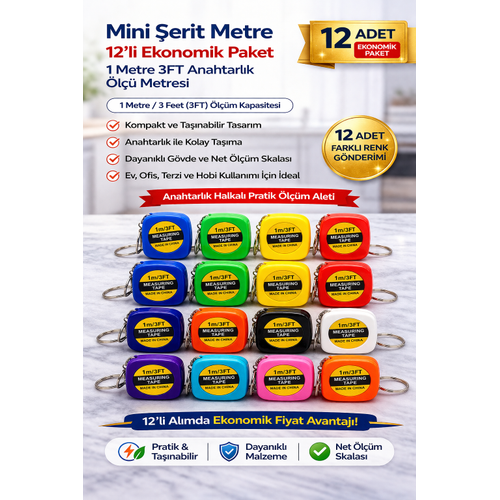 Mini �erit Metre 1 Metre 3FT Anahtarl�k �l�� Metresi Ta��nabilir Cep Metre 12 Adet