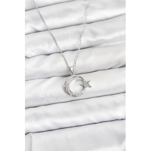 316L �elik Zincir G�m�� Renk Ay Y�ld�z Model Zirkon Ta�l� Kad�n Kolye