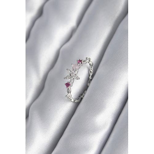 Pirin� G�m�� Renk Zirkon Ta�l� �i�ek Model Pembe Zirkon Ta� Detay Kad�n Y�z�k