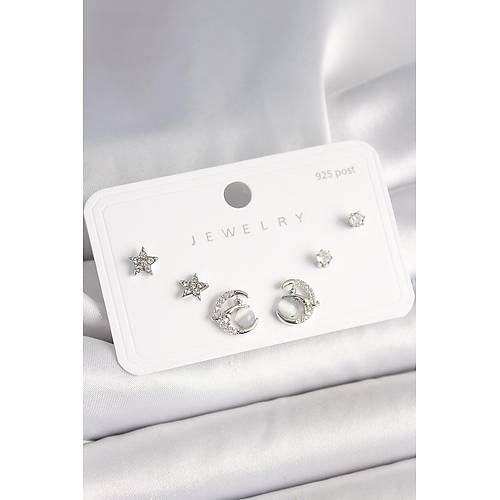 925 Ayar G�m�� �ivi Zirkon Ta�l� Hilal Y�ld�z Model Kad�n K�pe Seti