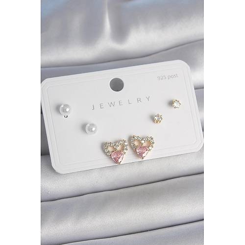 Pirin� Gold Renk Pembe Zirkon Ta�l� Kalp Model �nci Detay 925 Ayar Kad�n K�pe Seti