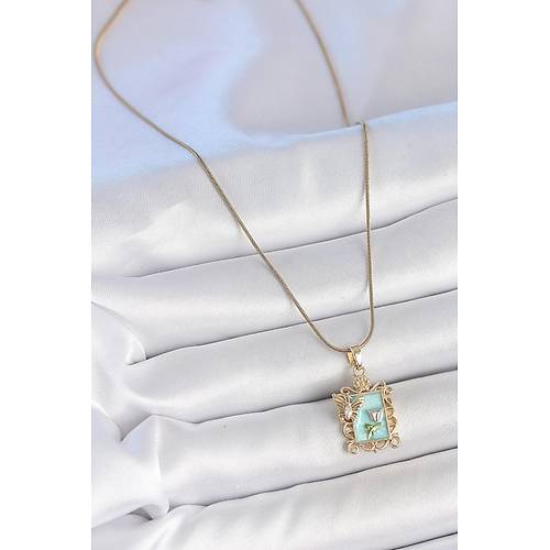 316L �elik Gold Renk Zincir Mavi Mineli �i�ek ��lemeli Zirkon Ta�l� Kelebek Detay Portre Model Kad�n Kolye